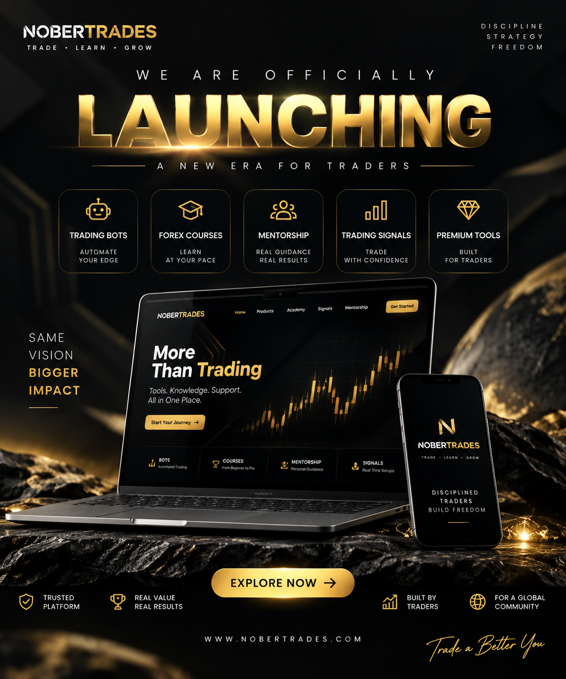 **NOBERTRADES IS OFFICIALLY LAUNCHING.**  A new era for traders begins.  One platform. One vision. Built to help you **Trade • Learn • Grow.**  Trading Bots • Forex Courses • Mentorship • Trading Signals • Premium Tools  **Same vision. Bigger impact.**  Visit: **[nobertrades.com](http://nobertrades.com)**  #NoberTrades #TradeLearnGrow #ForexTrading #TradingCommunity #OfficialLaunch